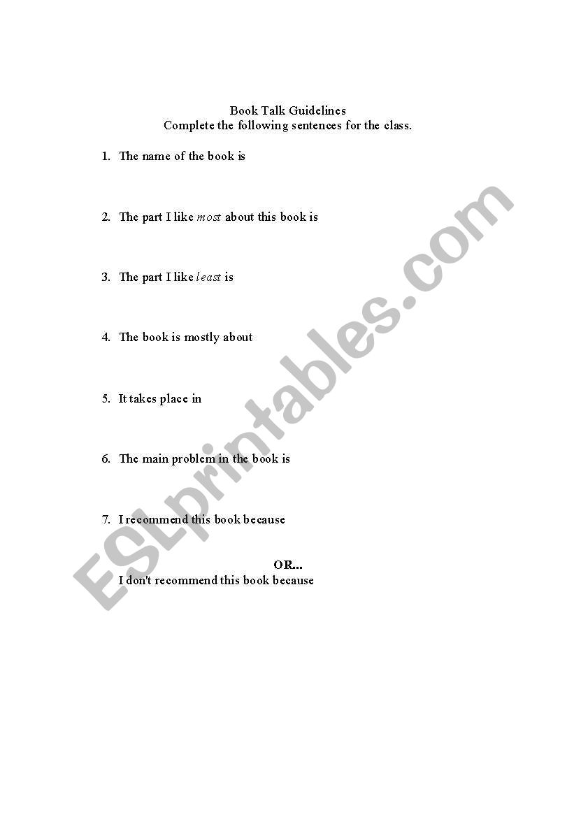 ESL Book Talk worksheet