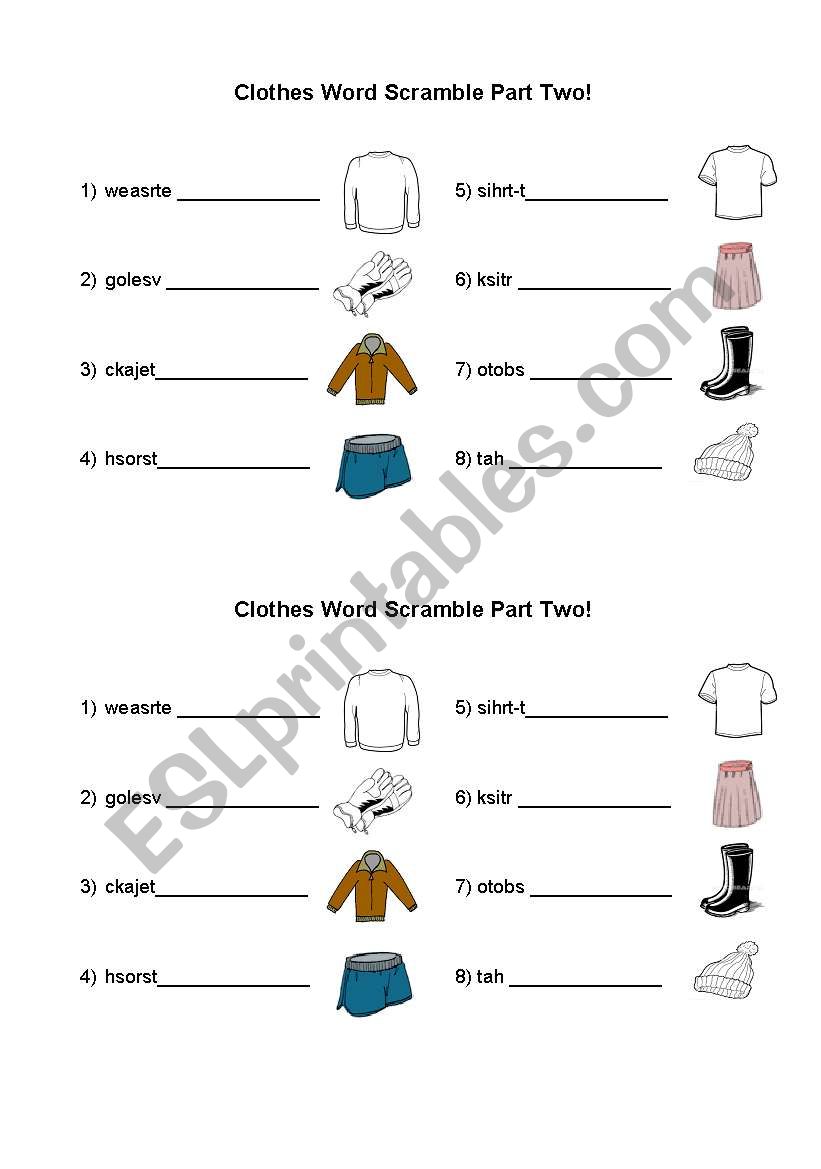 Clothes Word Scramble Part Two!