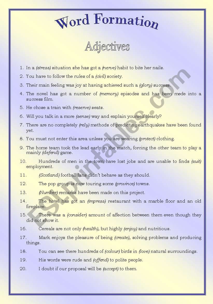 Word Formation Adjectives ESL Worksheet By Seamaid