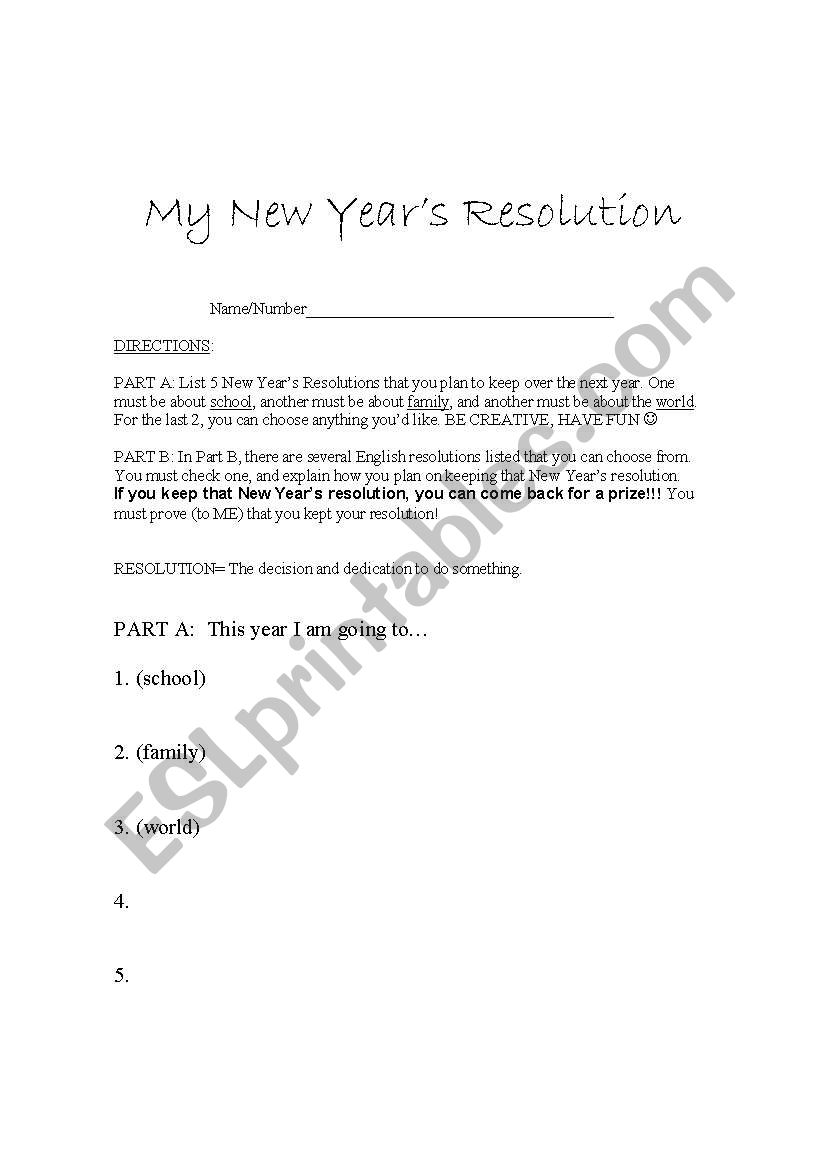 My New Years Resolution worksheet