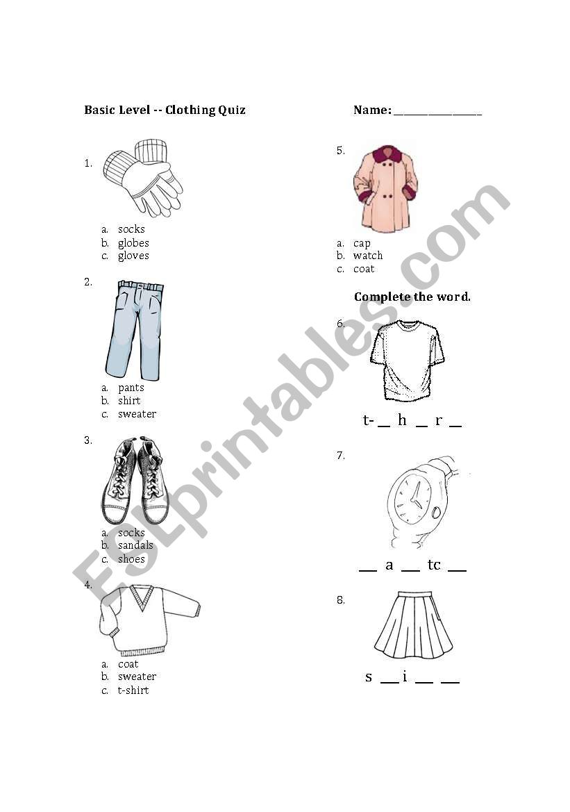 Clothing Quiz worksheet