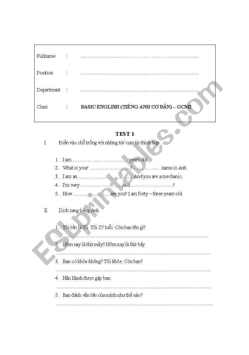 TEST FOR GCM ENGLISH BASIC worksheet