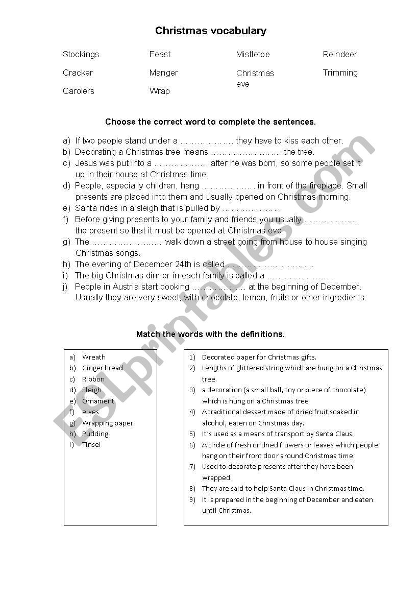 Christmas vocabulary worksheet