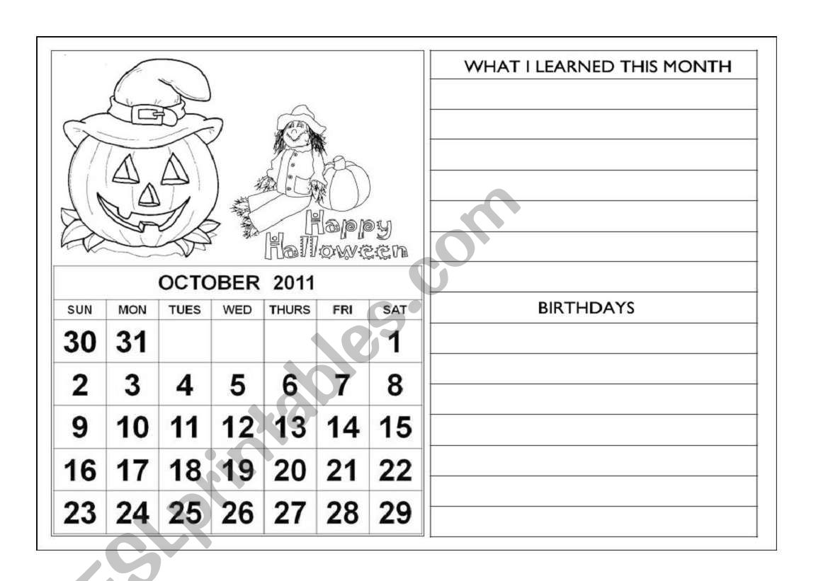 Calendar 2011 October November December ESL worksheet by bruandujar