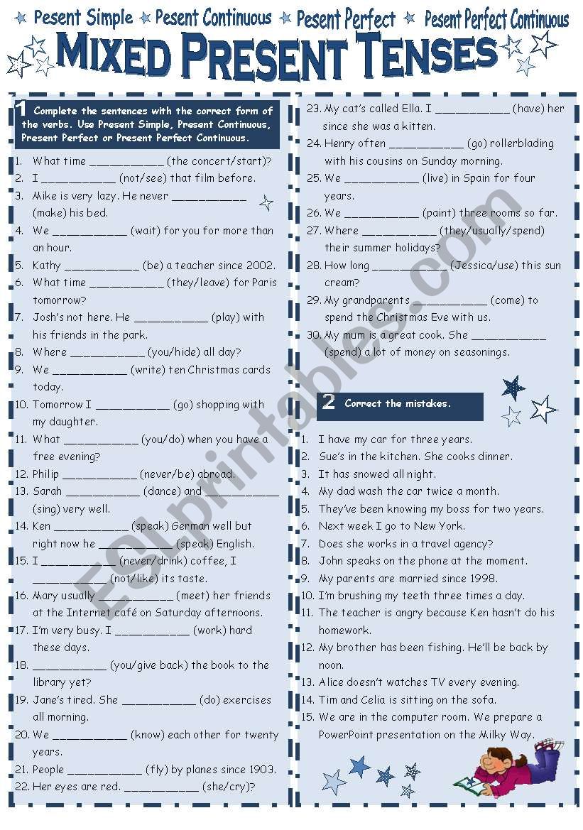 Mixed Tenses Worksheet For Class 5 With Answers