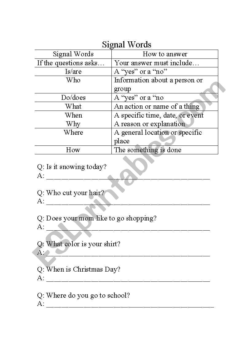 English Worksheets Signal Words