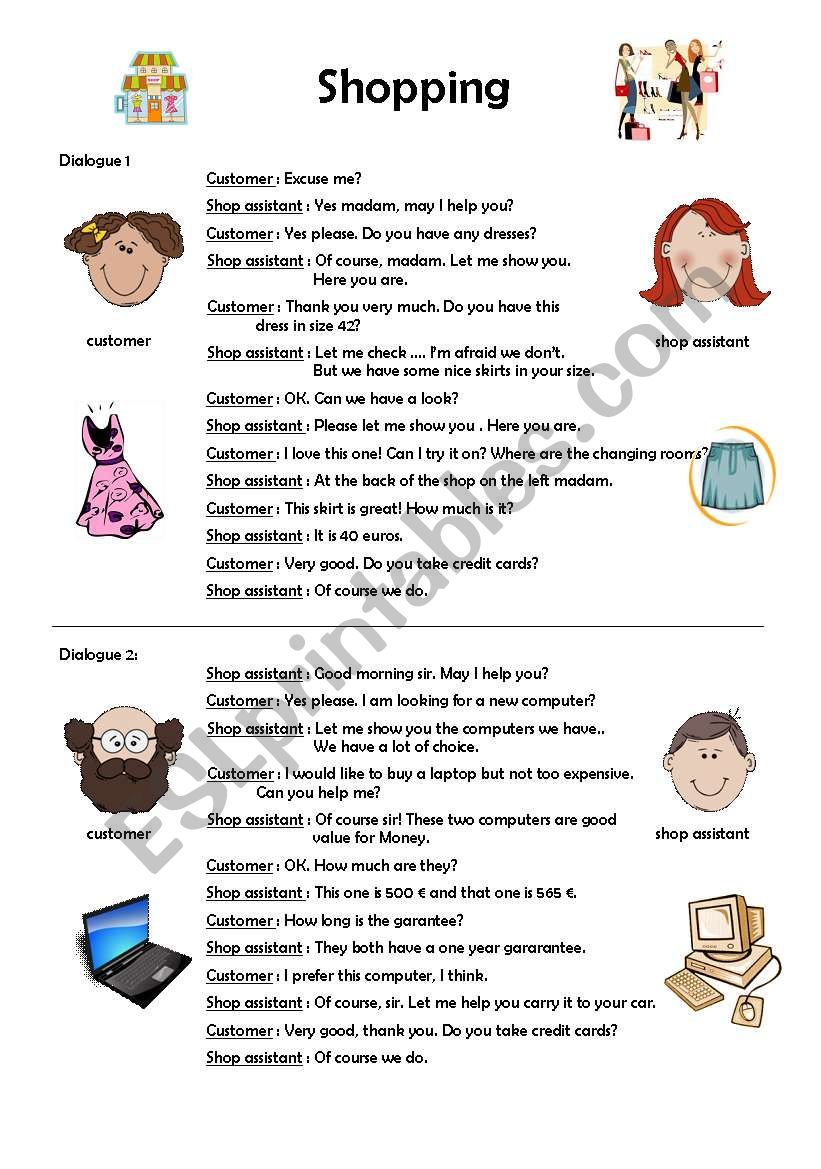 Shopping - dialogues - ESL worksheet by Aline37