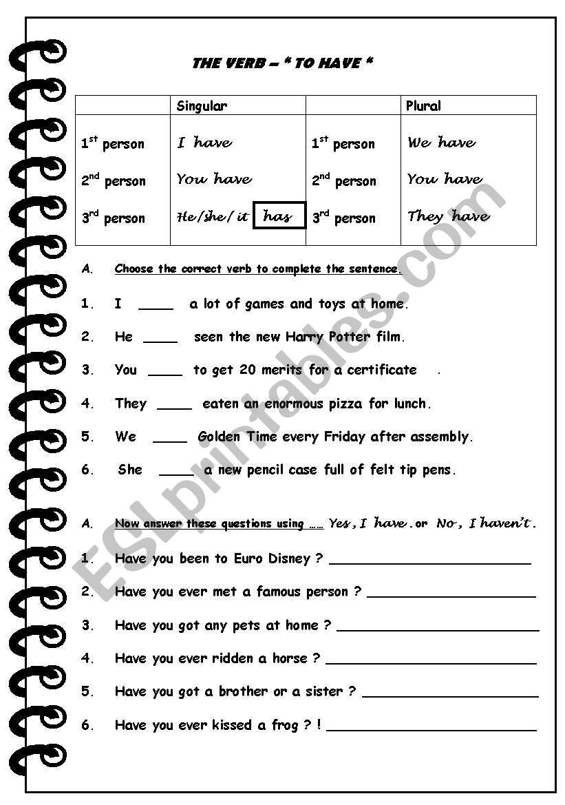 THE VERB – “ TO HAVE “ - ESL worksheet by sabados