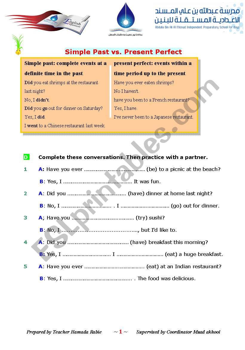 past simple v.s present perfect - ESL worksheet by simsimsimsim