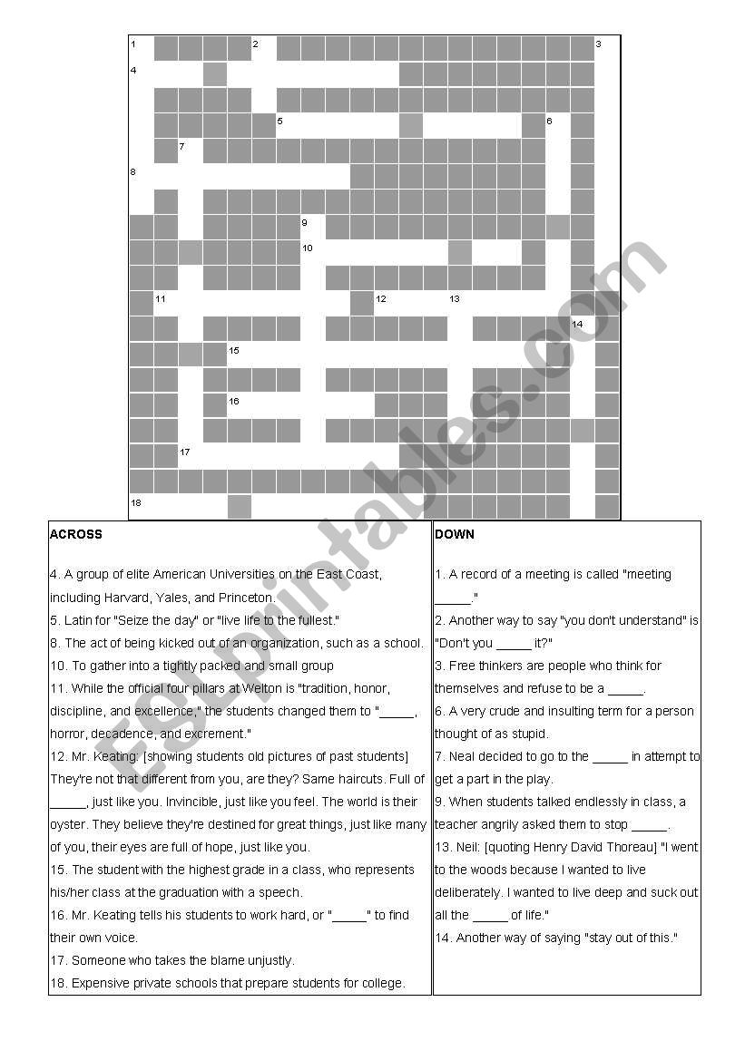 Dead Poets Society: Crossword Puzzle ESL worksheet by write2yifen