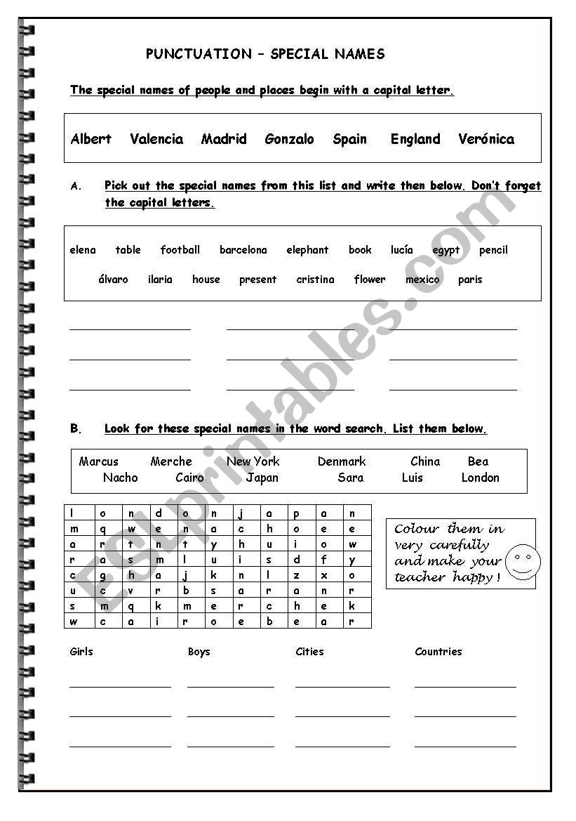 PUNCTUATION  SPECIAL NAMES worksheet