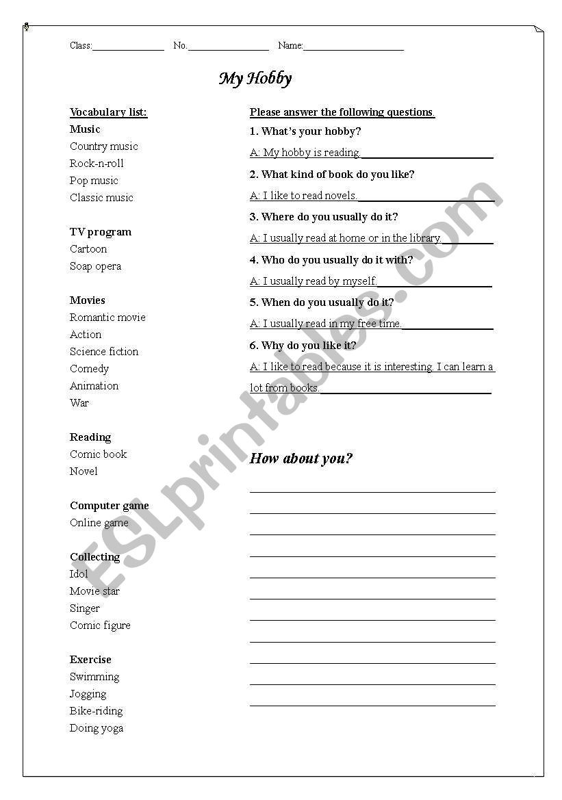 My hobby worksheet