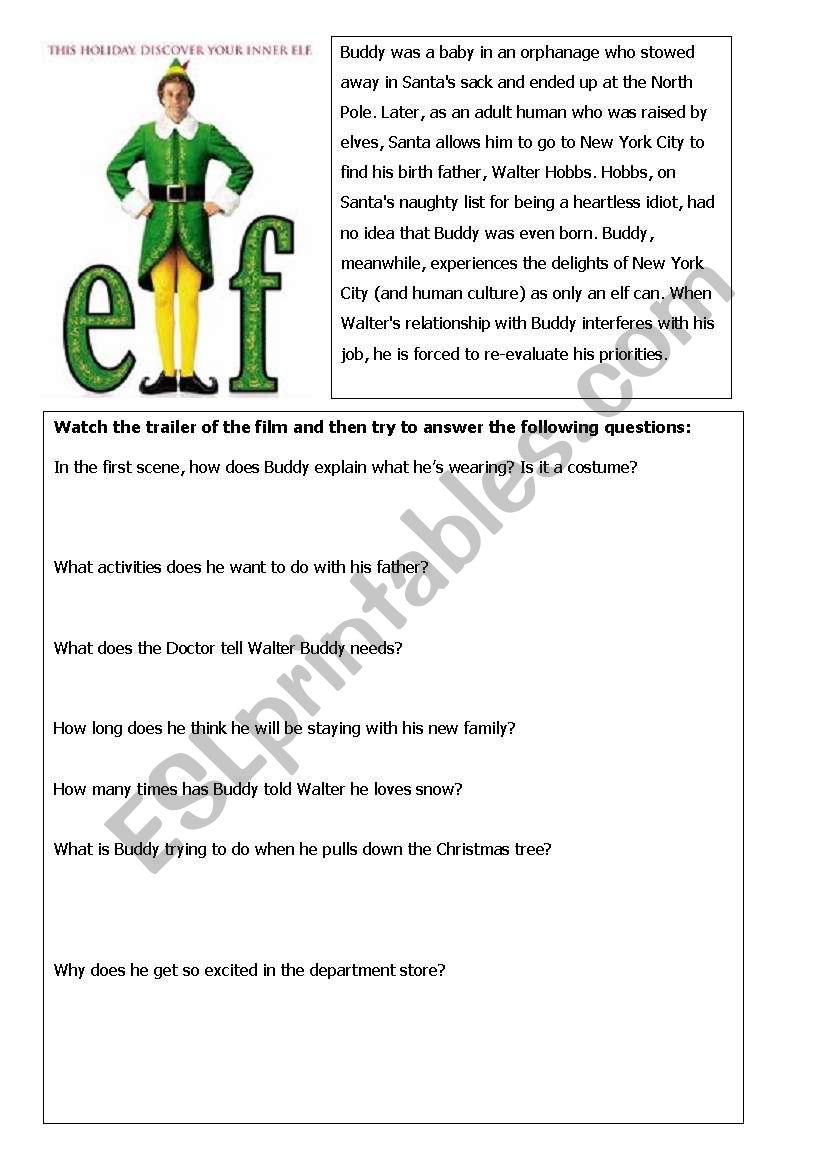 Elf trailer activity worksheet