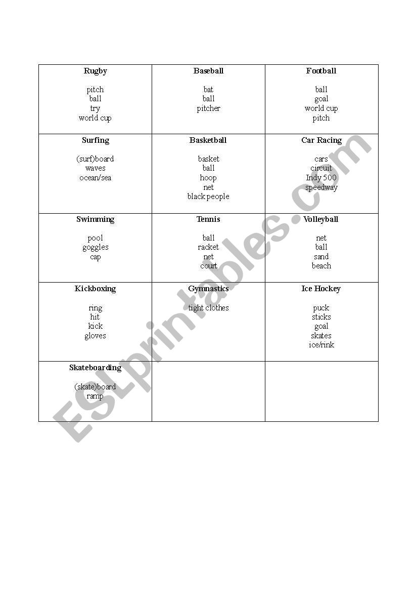 Sports Taboo cards worksheet