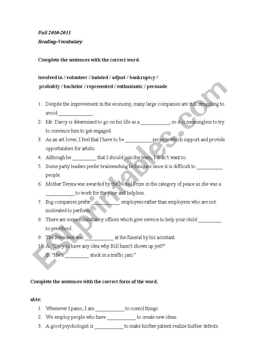 Vocabulary worksheet