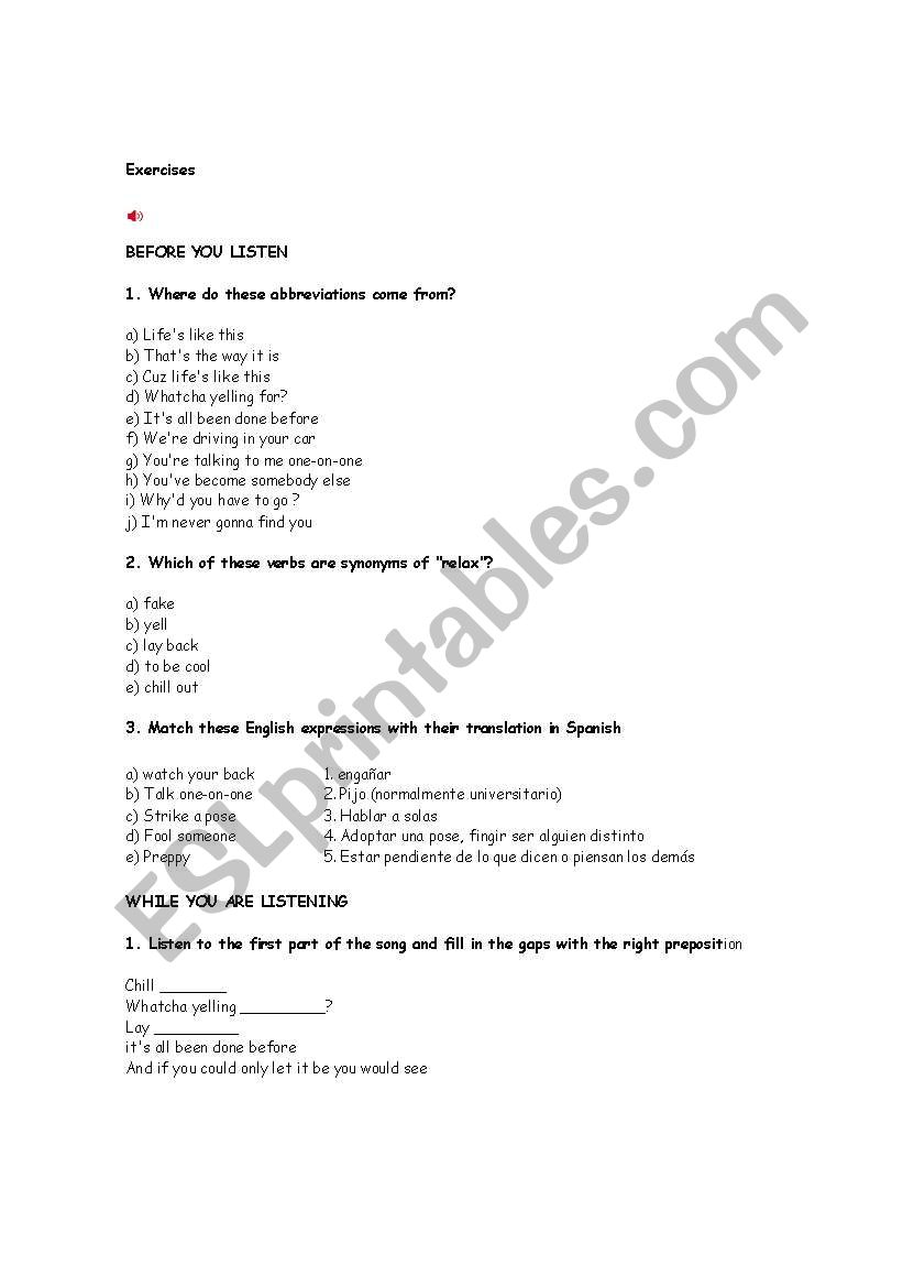 Avrils song and exercises worksheet