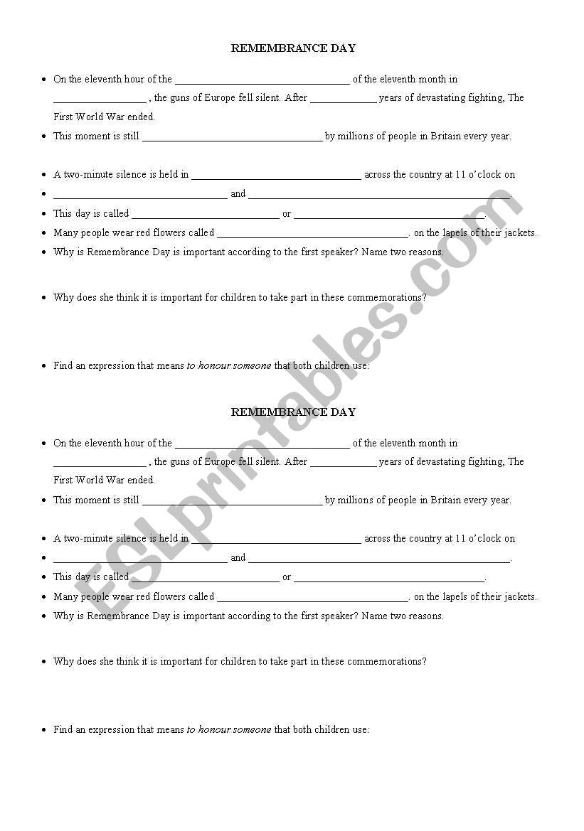 REMEMBRANCE DAY worksheet