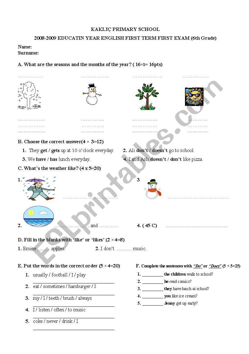 exam for 6th graders worksheet