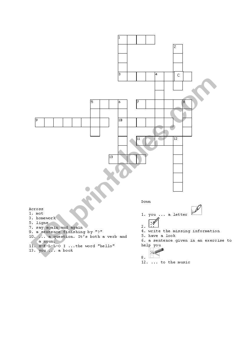 English worksheets: crossword