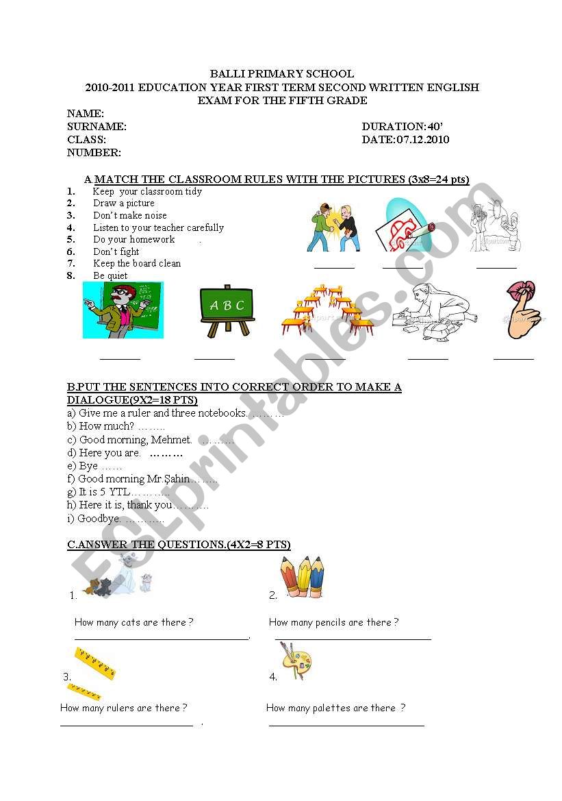 exam for 5th grade students worksheet