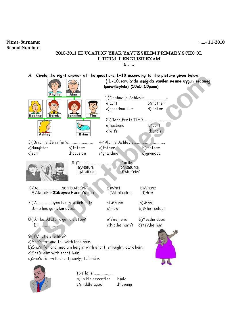 an exam for 6th grades for 1st term