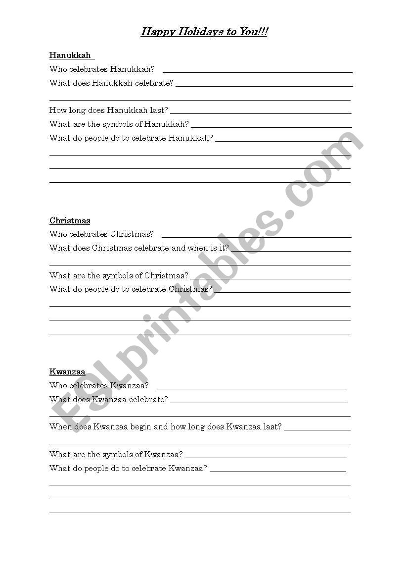 American Holidays worksheet