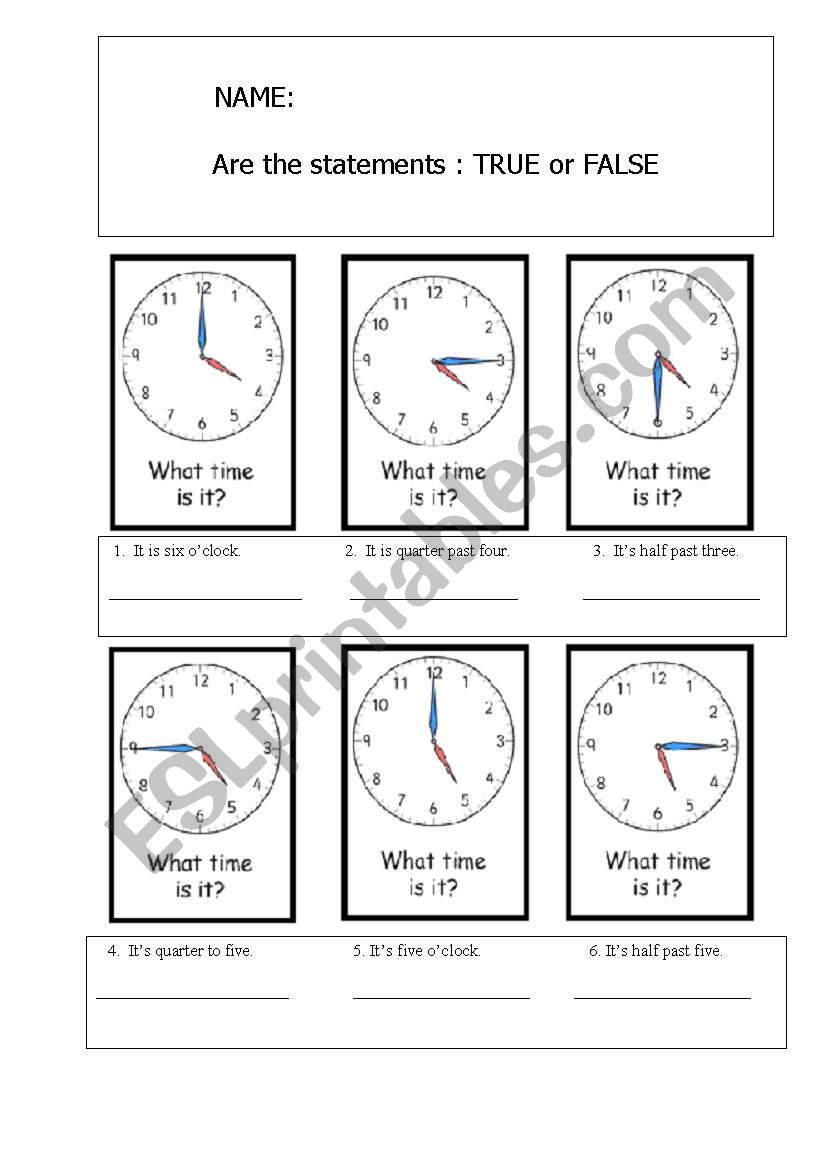 Telling Time/test worksheet