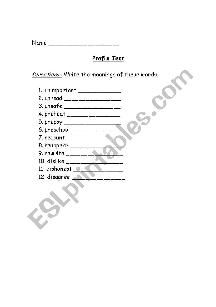 Prefix Test worksheet