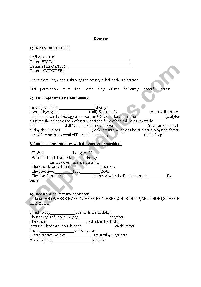 english worksheets tenses and parts of speech test