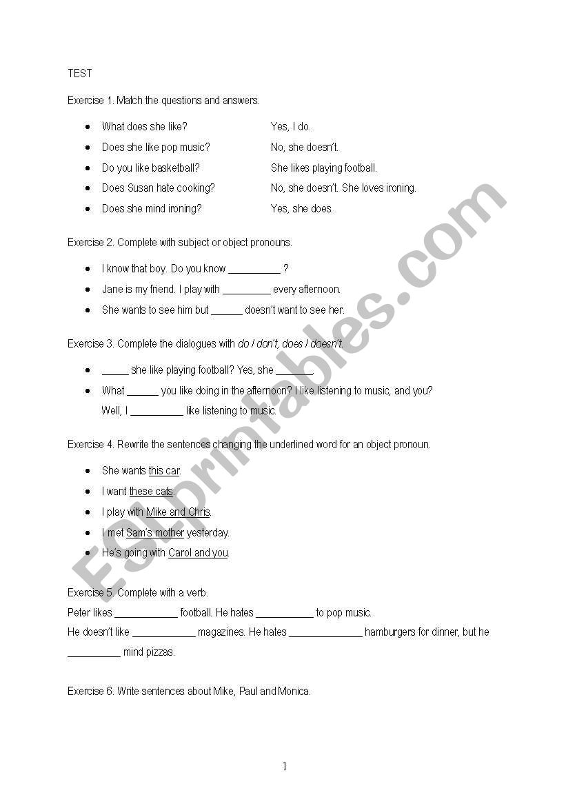 Test do and pronouns worksheet