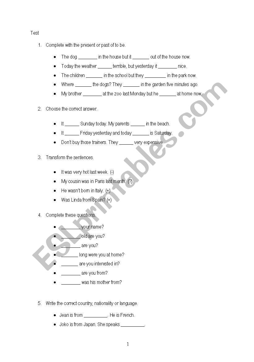 Test: To be present and past worksheet
