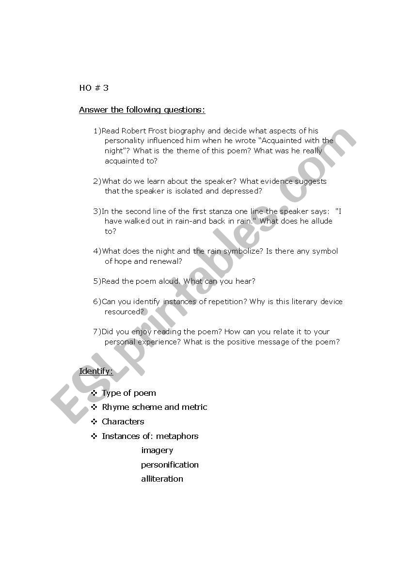 Lesson Plan Poem Acquainted With The Night By Robert Frost Esl Worksheet By Pattette