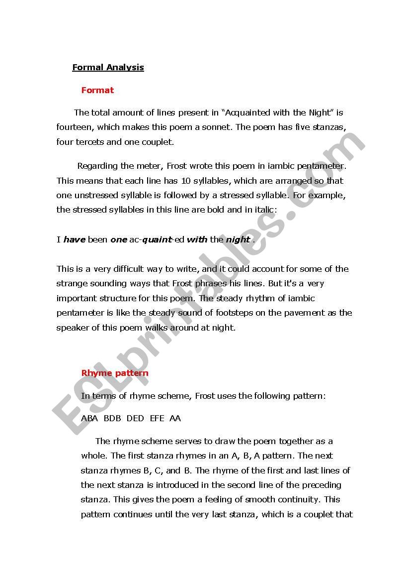 Lesson Plan Poem Acquainted With The Night By Robert Frost Esl Worksheet By Pattette