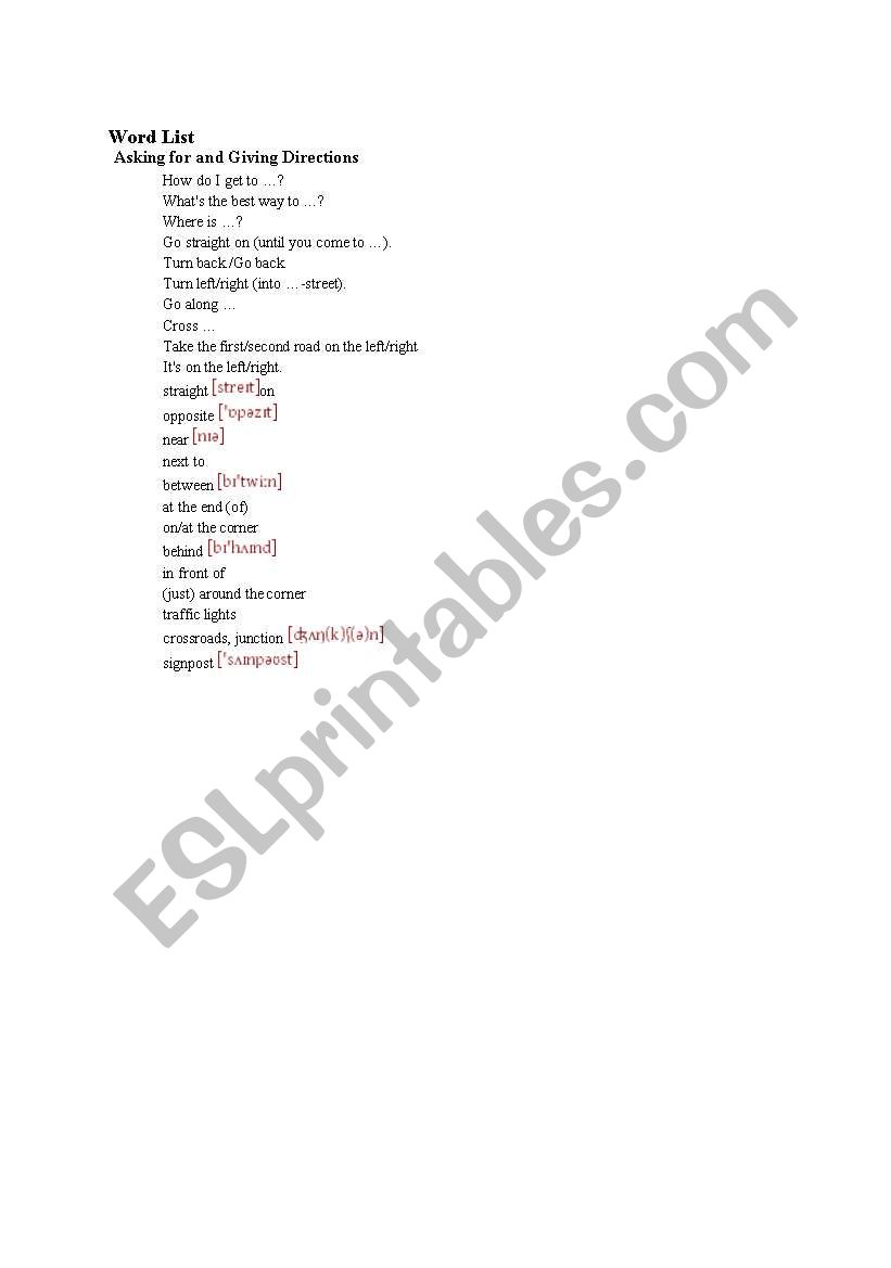 word list to give directions worksheet