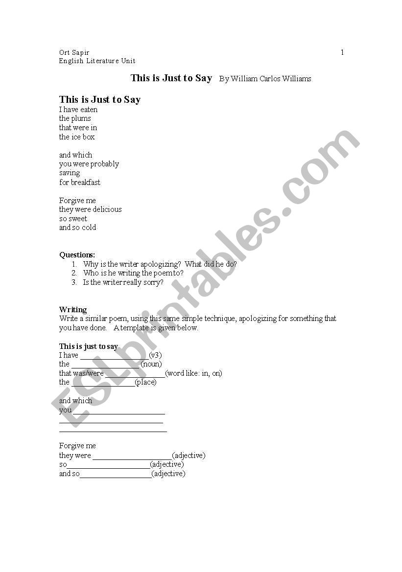 Poetry : This is just to say worksheet