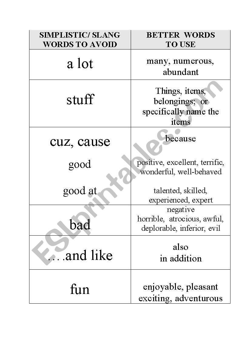 Better words chart worksheet