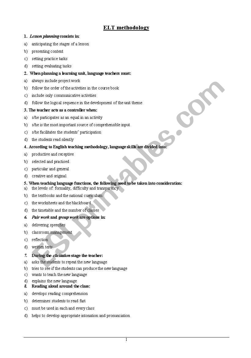 elt methodology worksheet