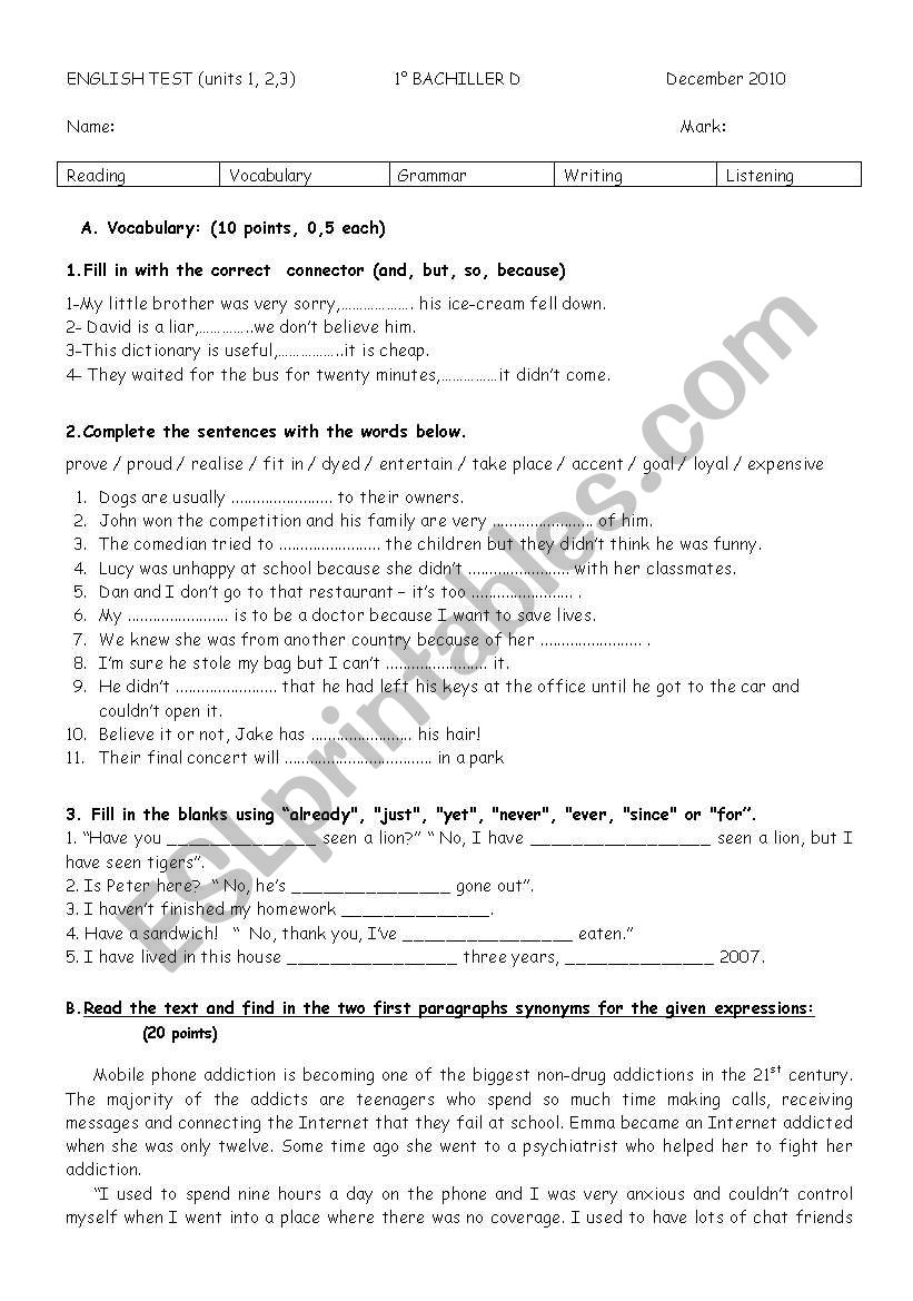 December 1º Bachillerato exam - ESL worksheet by inmaaa86