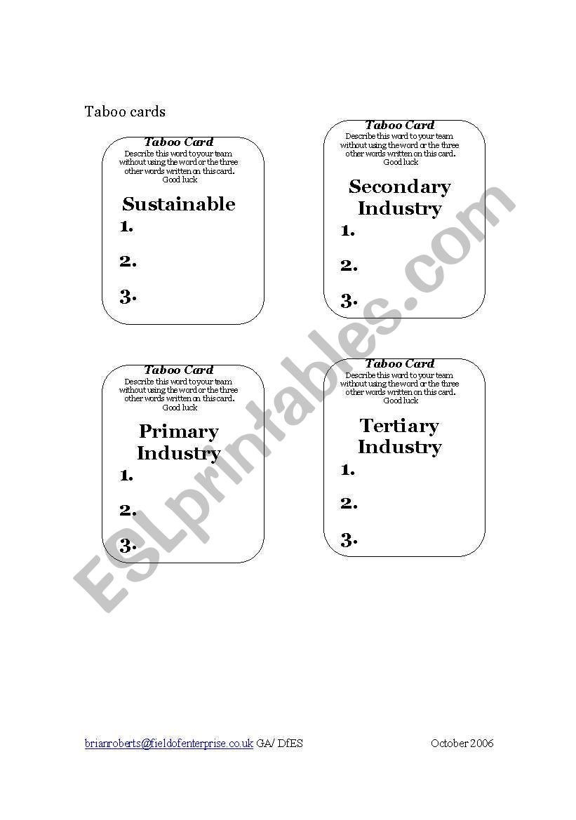 Taboo cards worksheet