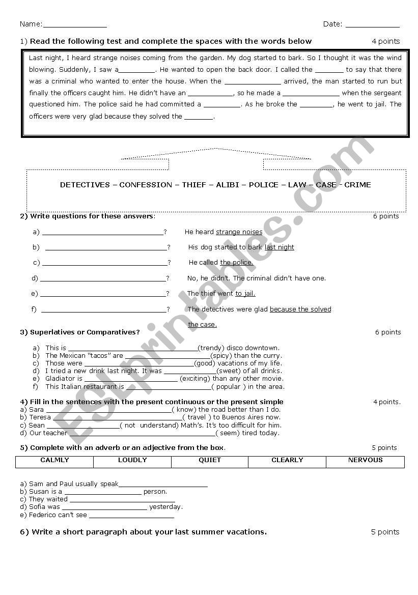 Test to Evaluate Simple Past worksheet