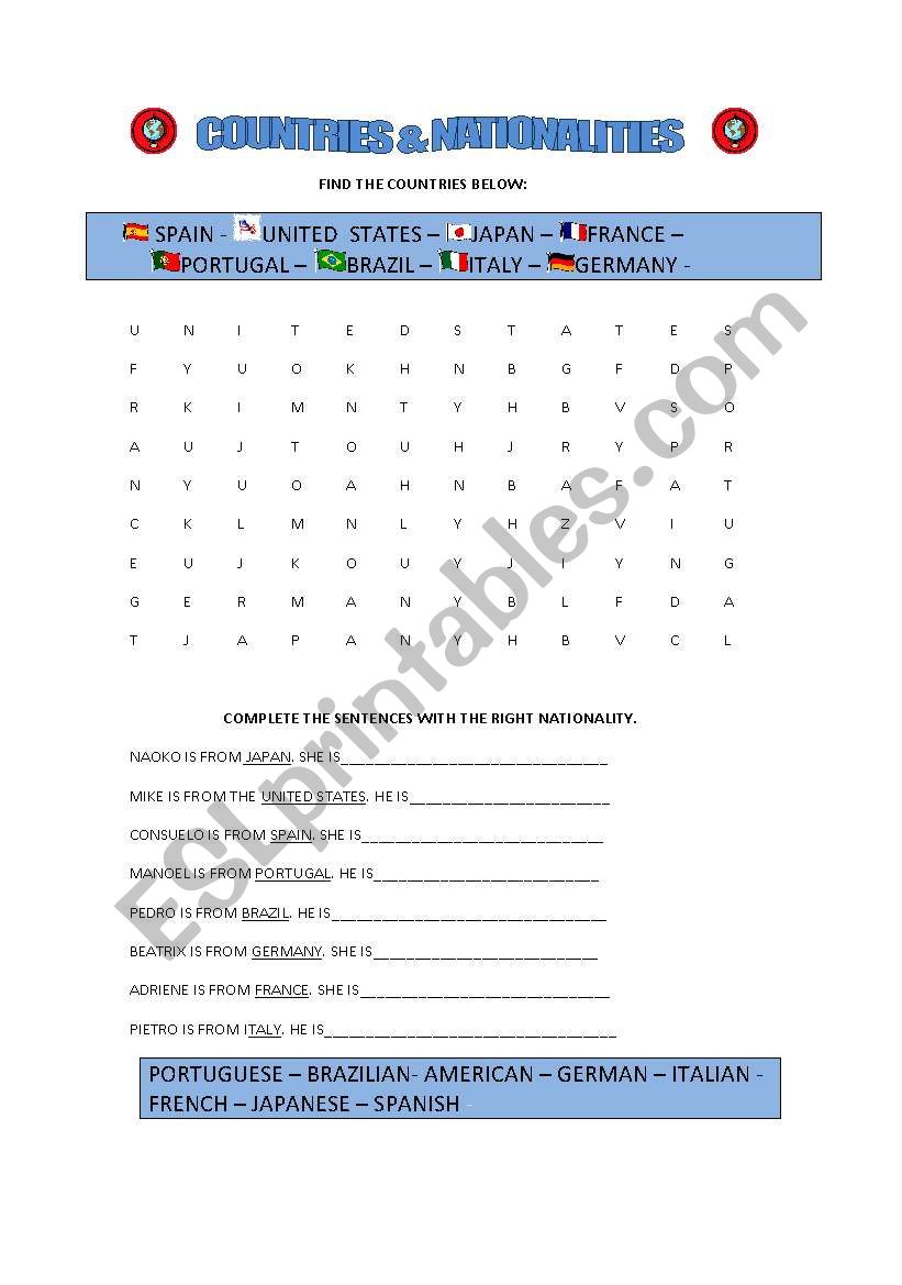 COUNTRIES AND NATIONALITIES worksheet