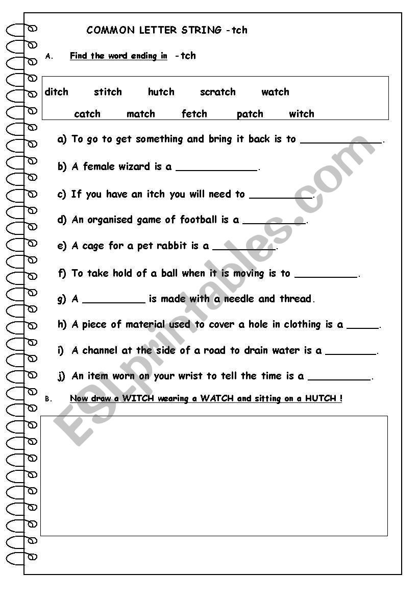 English Worksheets COMMON LETTER STRING tch