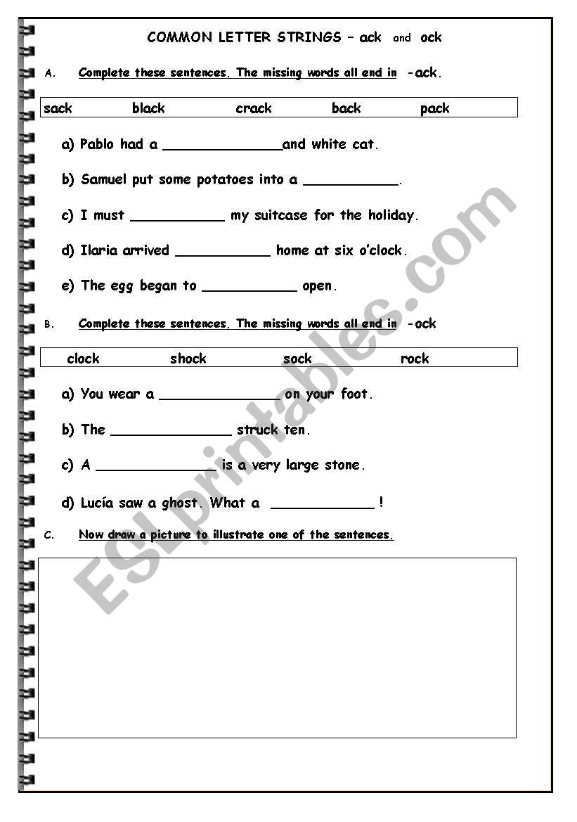 English worksheets: COMMON LETTER STRINGS – ack and ock