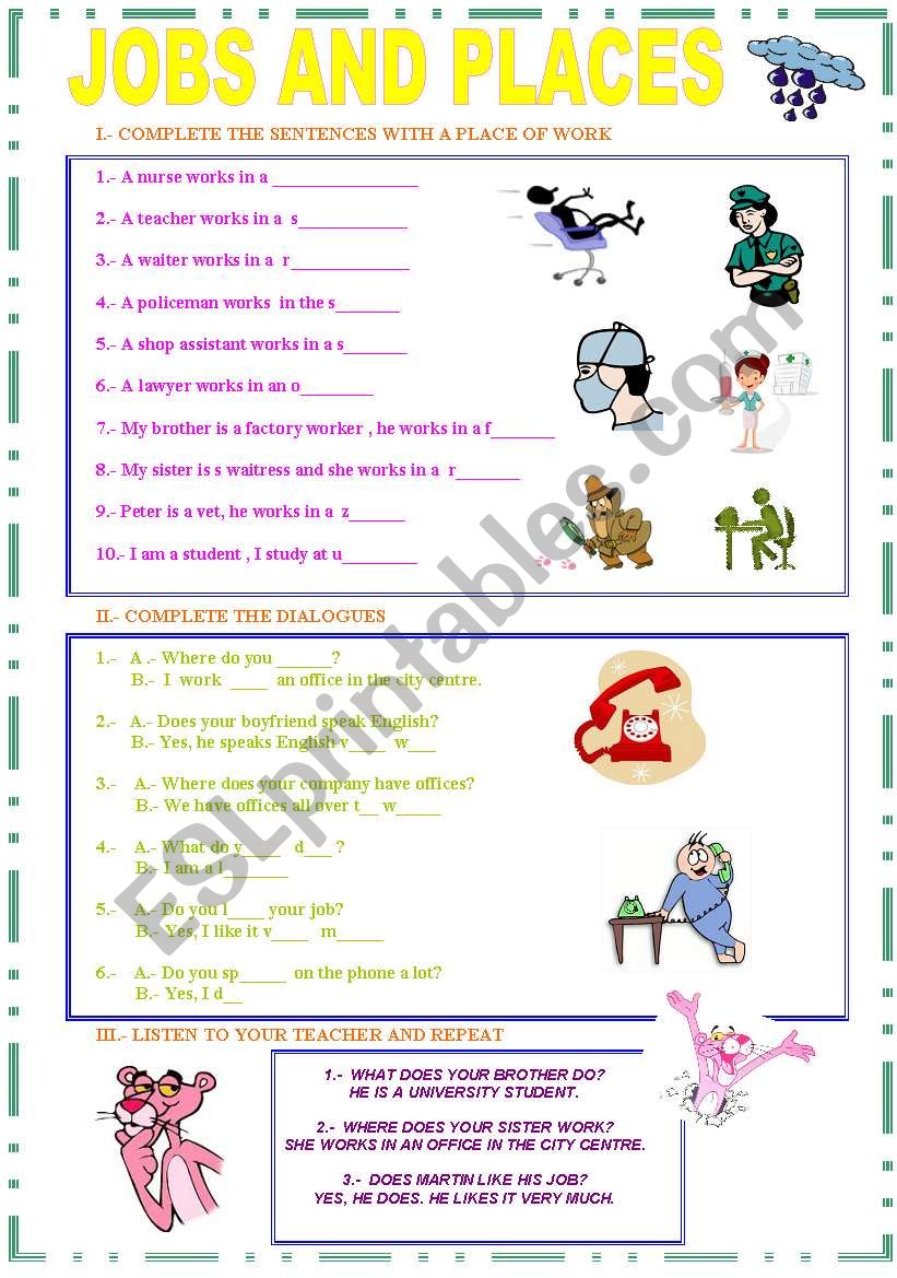 jobs and places worksheet