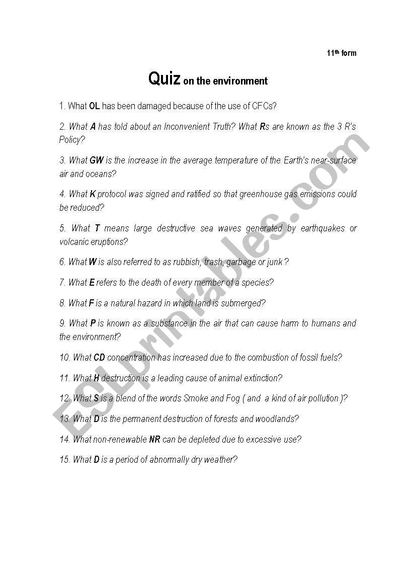 Quiz on environmental issues worksheet