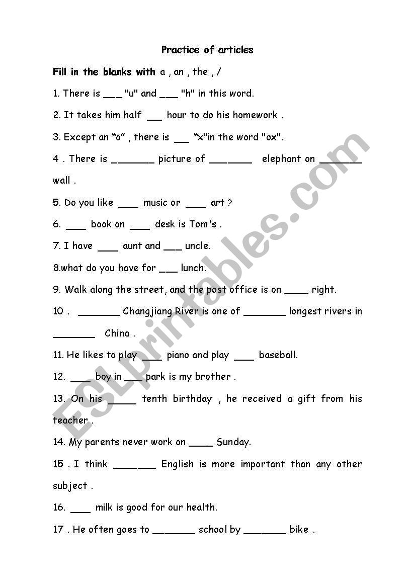 practice of articles worksheet