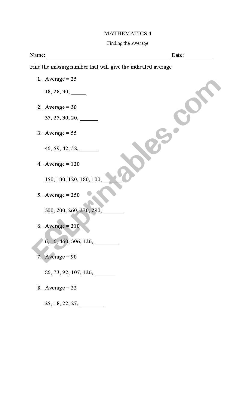 Finding the average worksheet