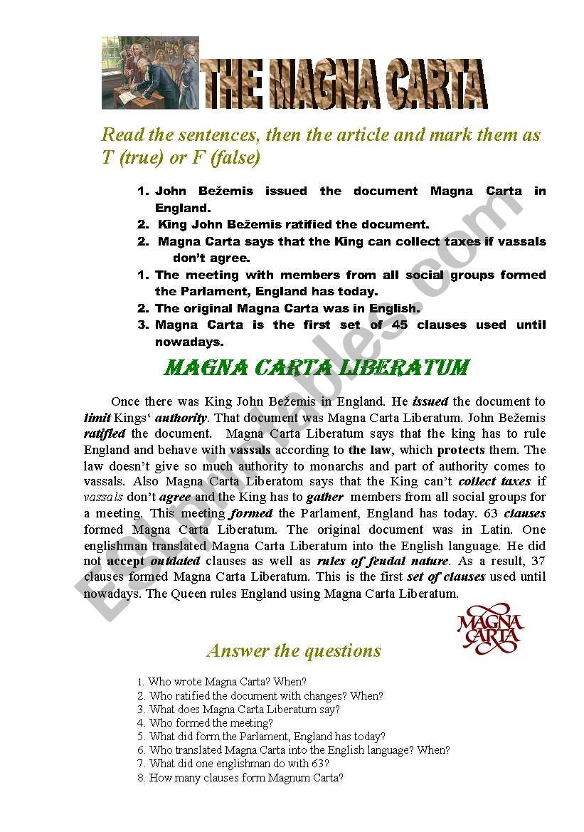 English Worksheets The Magna Carta
