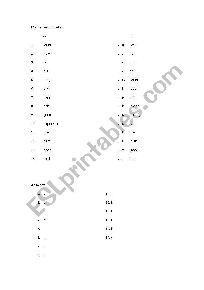 Match the opposites worksheet