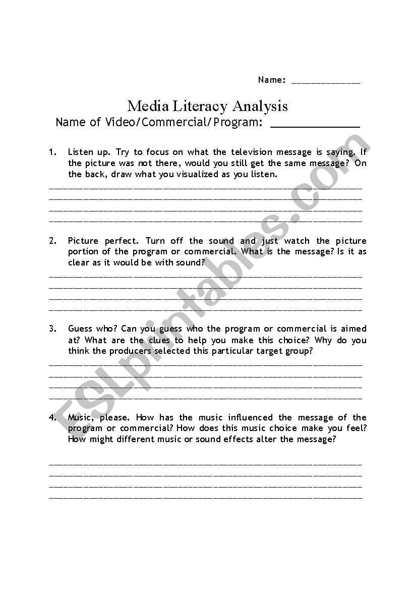 Media Literacy Analysis worksheet